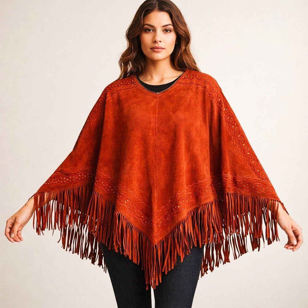 Western Boho Suede Leather Fringe Poncho Cape Rust Terracotta Newport News SM - Picture 3 of 13